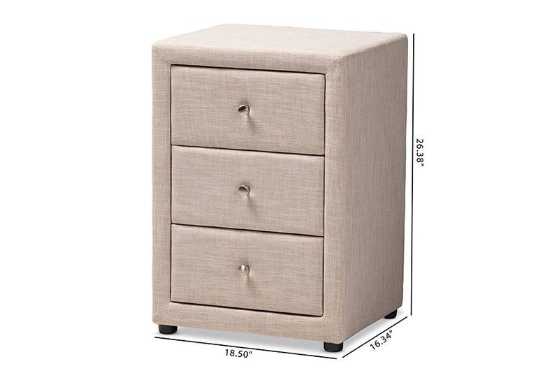 Amsterdam Beige Fabric Upholstered 3-Drawer Nightstand Baxton