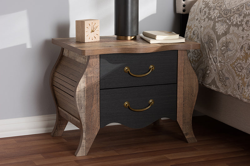 Laurana Country Cottage Farmhouse Black and Oak-Finished Wood 2-Drawer Nightstand