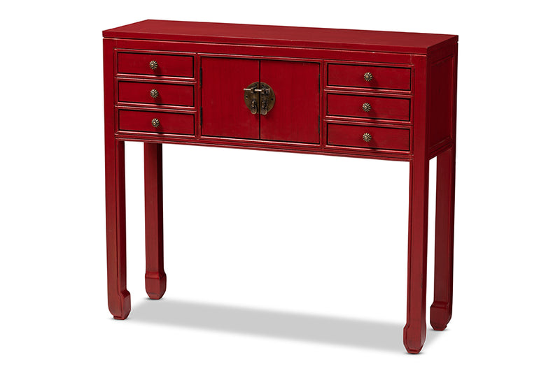 Janna Classic and Antique Red Finished Wood Bronze Finished Accents 6-Drawer Console Table