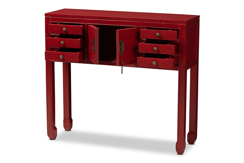 Janna Classic and Antique Red Finished Wood Bronze Finished Accents 6-Drawer Console Table