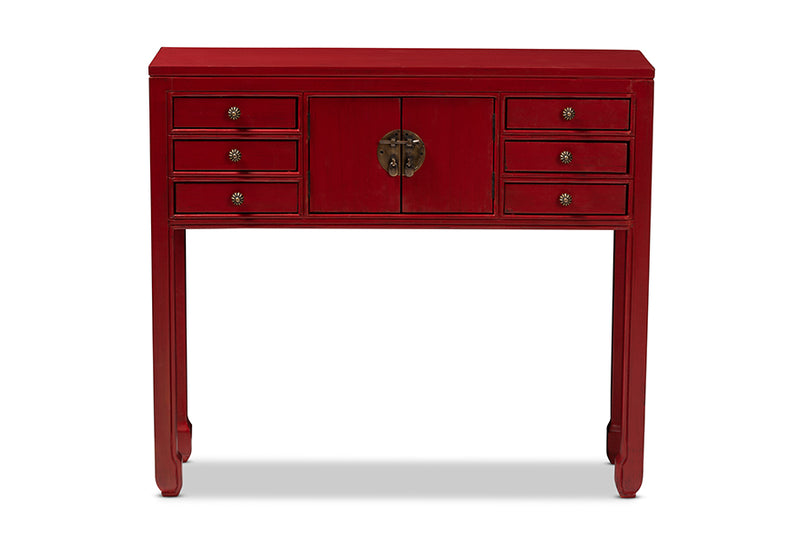 Janna Classic and Antique Red Finished Wood Bronze Finished Accents 6-Drawer Console Table
