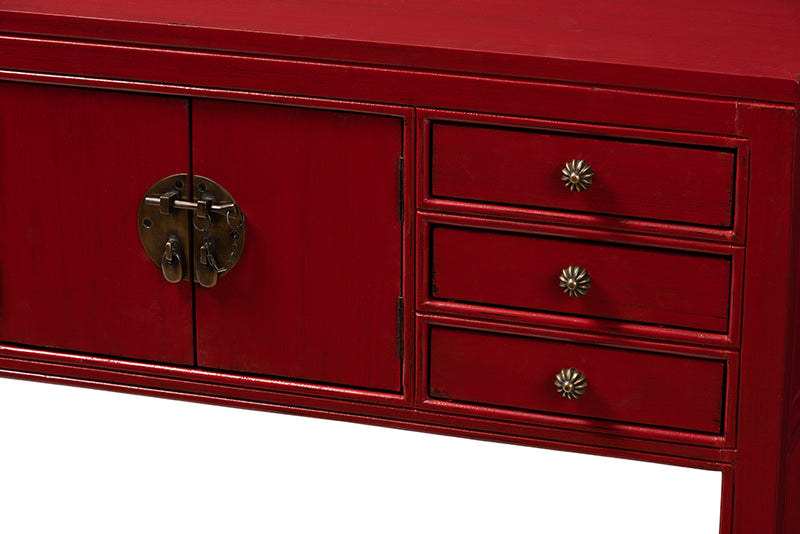 Janna Classic and Antique Red Finished Wood Bronze Finished Accents 6-Drawer Console Table
