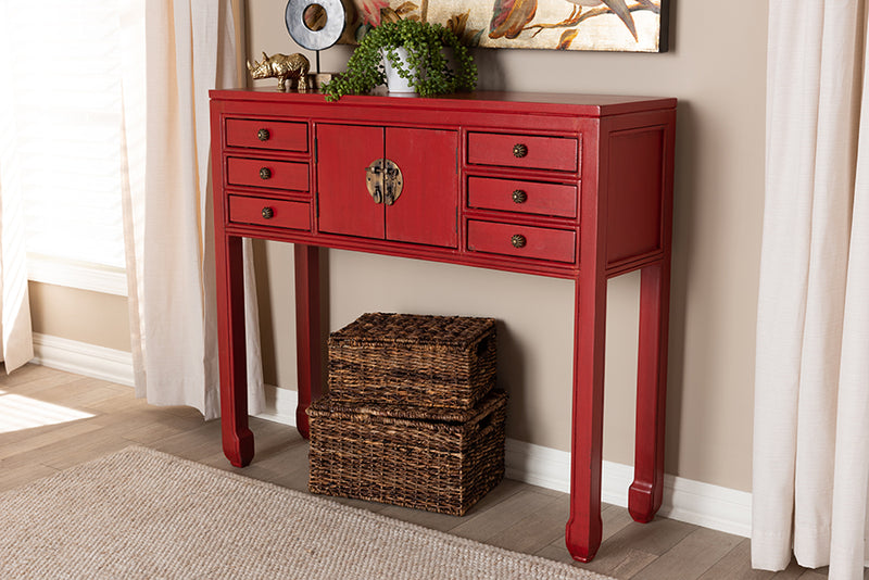 Janna Classic and Antique Red Finished Wood Bronze Finished Accents 6-Drawer Console Table