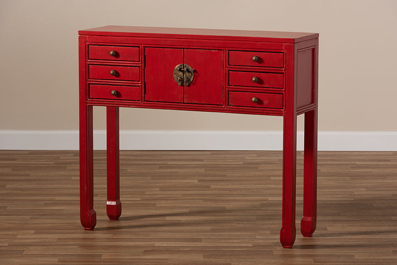 Janna Classic and Antique Red Finished Wood Bronze Finished Accents 6-Drawer Console Table