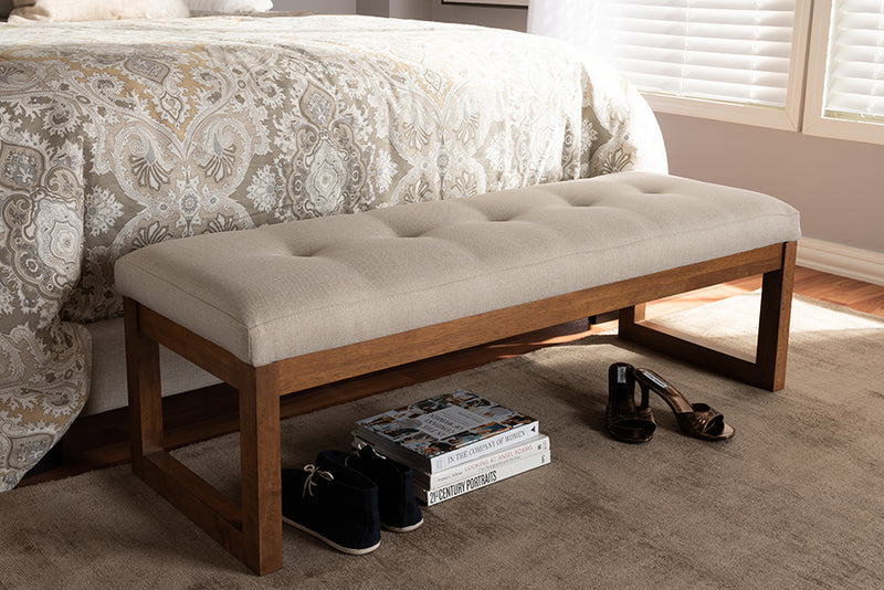 Nairi Modern and Contemporary Light Beige Fabric Upholstered Walnut Brown Finished Wood Bench