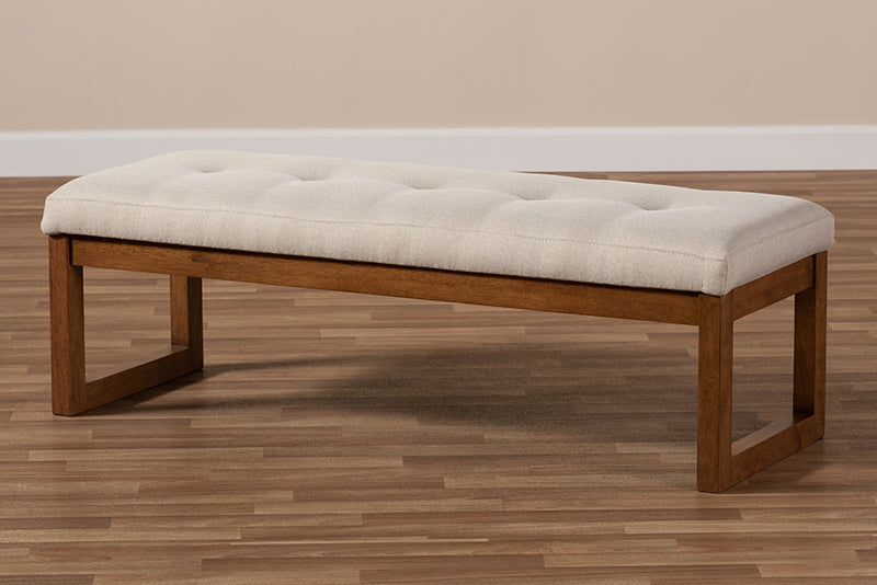 Nairi Modern and Contemporary Light Beige Fabric Upholstered Walnut Brown Finished Wood Bench