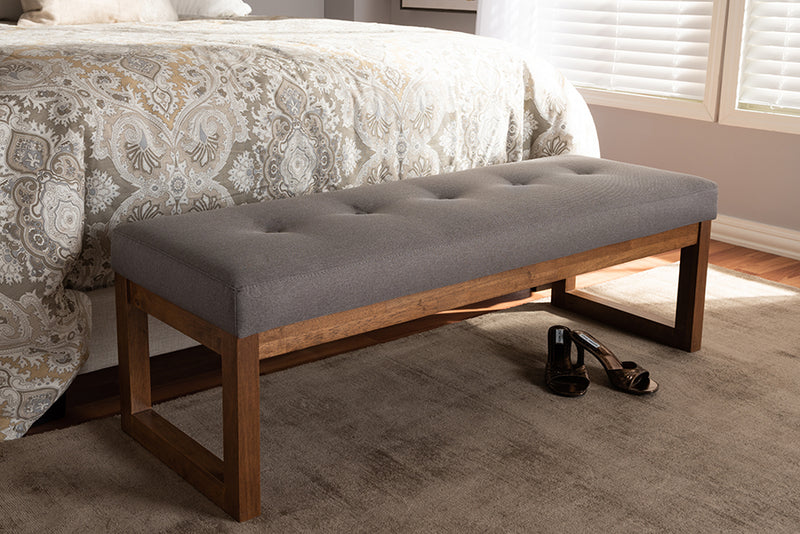 Nairi Modern and Contemporary Gray Fabric Upholstered Walnut Brown Finished Wood Bench