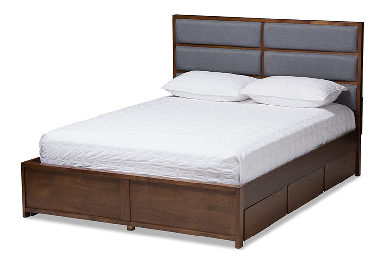 Warner Dark Gray Fabric Walnut Finished King Size Storage Platform Bed Baxton