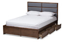 Warner Dark Gray Fabric Walnut Finished King Size Storage Platform Bed Baxton