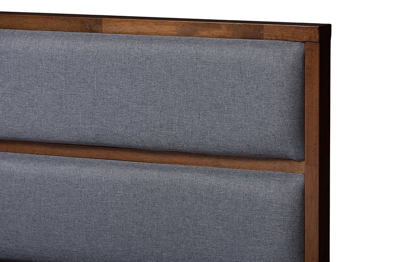 Warner Dark Gray Fabric Walnut Finished King Size Storage Platform Bed Baxton