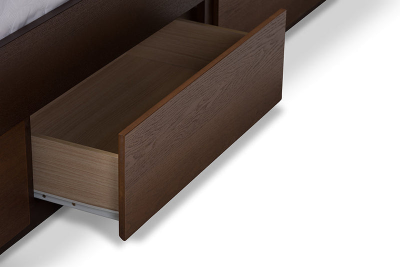 Warner Dark Gray Fabric Walnut Finished King Size Storage Platform Bed Baxton