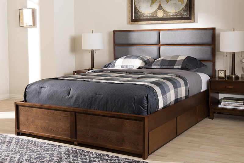 Warner Dark Gray Fabric Walnut Finished King Size Storage Platform Bed Baxton