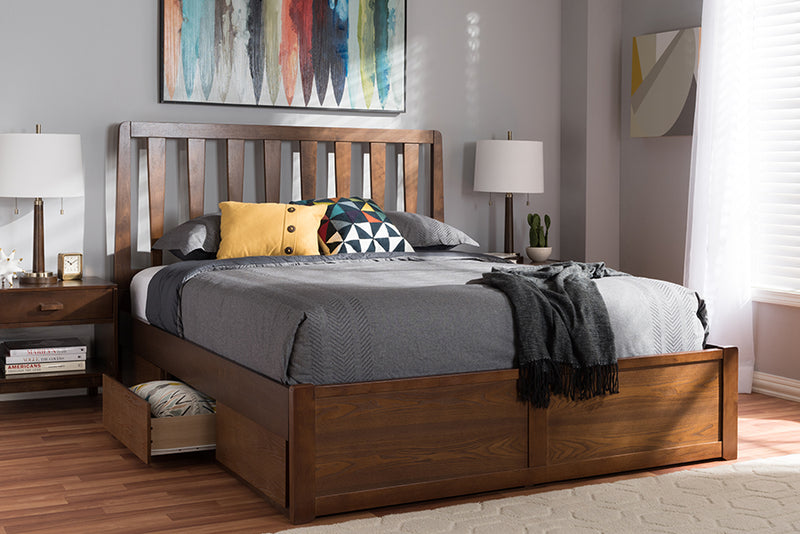 Anzia Modern and Contemporary Walnut Finished Queen Size Storage Platform Bed