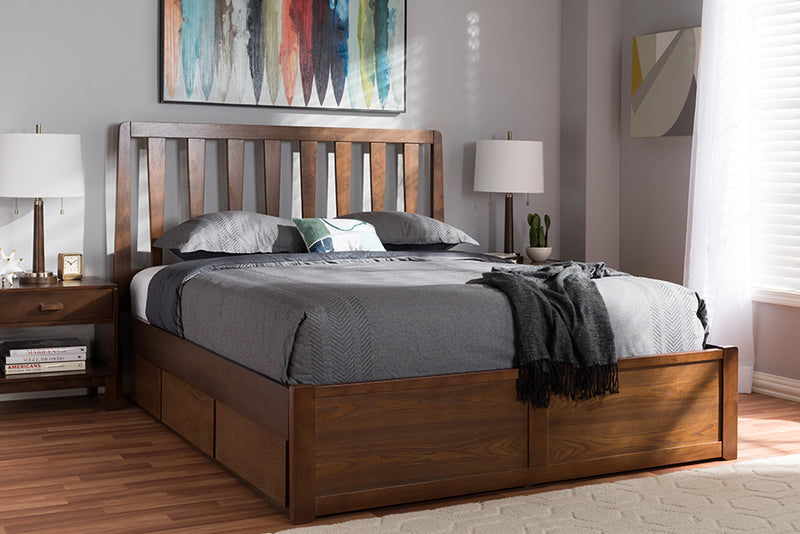 Anzia Modern and Contemporary Walnut Finished Queen Size Storage Platform Bed