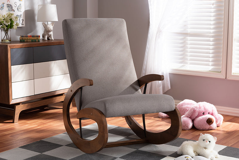 Alaya Modern and Contemporary Gray Fabric Upholstered and Walnut-Finished Wood Rocking Chair