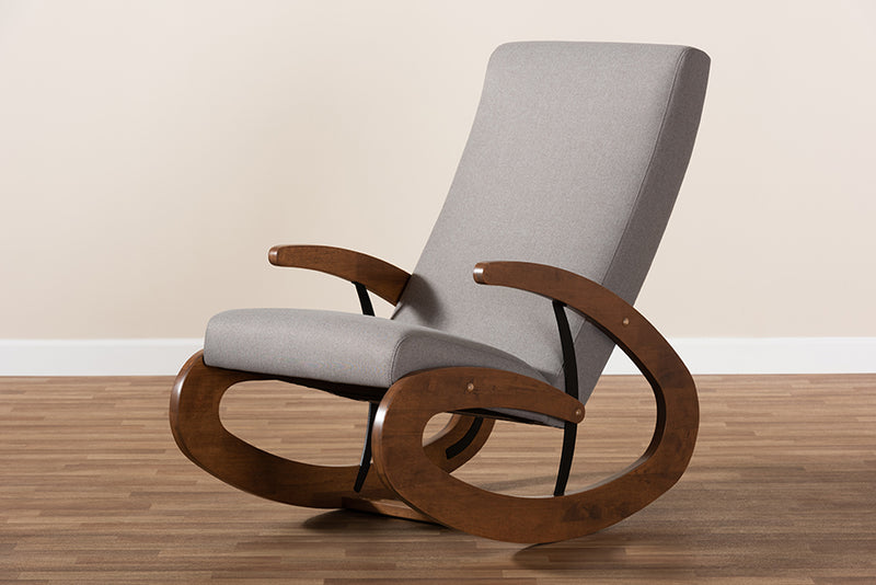 Alaya Modern and Contemporary Gray Fabric Upholstered and Walnut-Finished Wood Rocking Chair