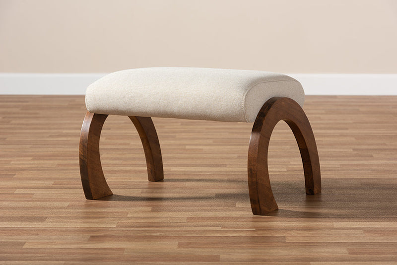 Blossom Light Beige Fabric Upholstered Walnut Brown Ottoman Baxton