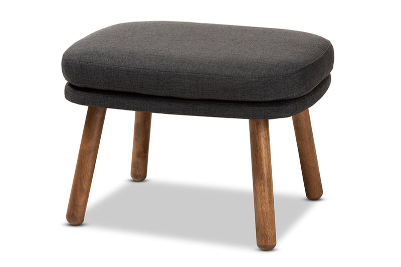 Quintus Mid-Century Modern Dark Gray Fabric Upholstered Walnut Brown Finished Wood Ottoman