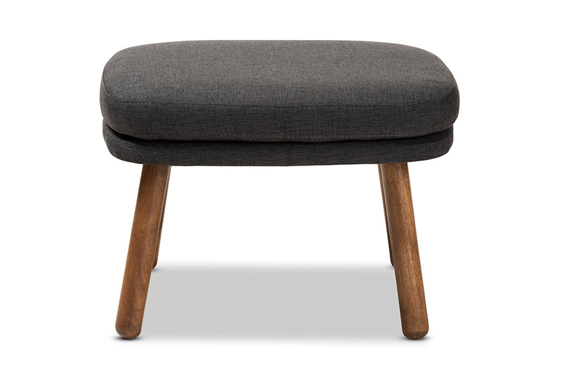 Quintus Mid-Century Modern Dark Gray Fabric Upholstered Walnut Brown Finished Wood Ottoman