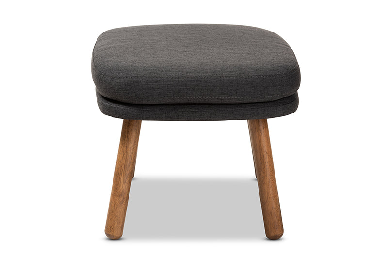 Quintus Mid-Century Modern Dark Gray Fabric Upholstered Walnut Brown Finished Wood Ottoman