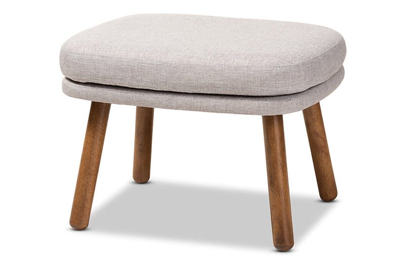 Quintus Greyish Beige Fabric Upholstered Walnut Brown Ottoman Baxton