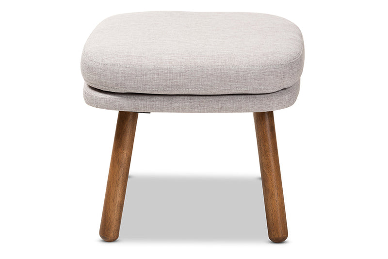 Quintus Greyish Beige Fabric Upholstered Walnut Brown Ottoman Baxton