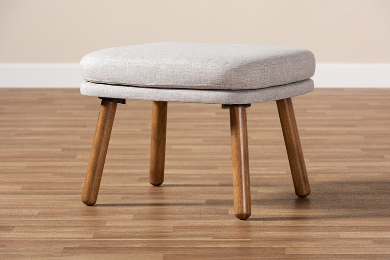 Quintus Greyish Beige Fabric Upholstered Walnut Brown Ottoman Baxton
