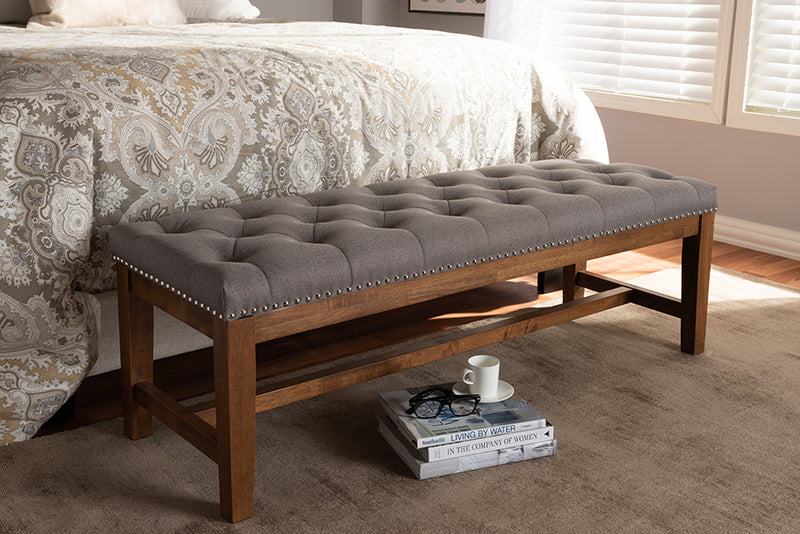 Livia Modern and Contemporary Gray Fabric Upholstered Walnut Finished Solid Rubberwood Bench