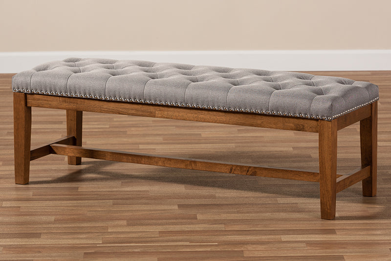 Livia Modern and Contemporary Gray Fabric Upholstered Walnut Finished Solid Rubberwood Bench