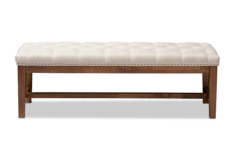 Livia Modern and Contemporary Light Beige Fabric Upholstered Walnut Finished Solid Rubberwood Bench