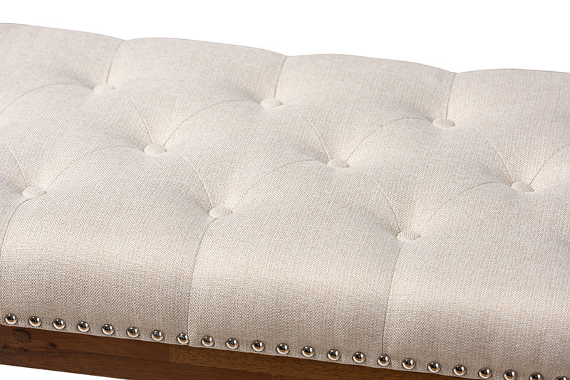 Livia Modern and Contemporary Light Beige Fabric Upholstered Walnut Finished Solid Rubberwood Bench