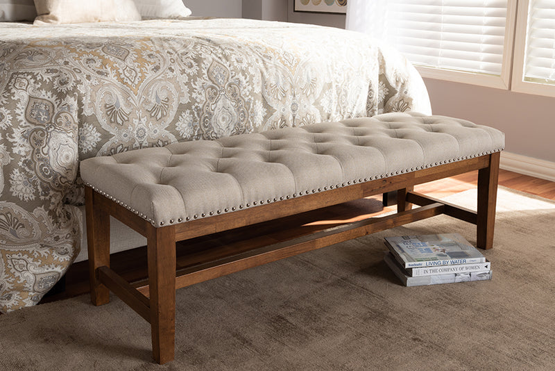 Livia Modern and Contemporary Light Beige Fabric Upholstered Walnut Finished Solid Rubberwood Bench