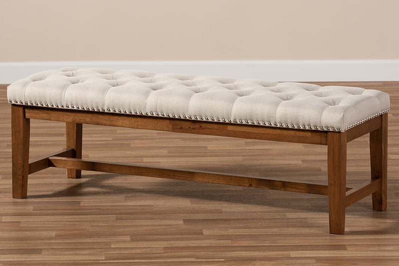 Livia Modern and Contemporary Light Beige Fabric Upholstered Walnut Finished Solid Rubberwood Bench