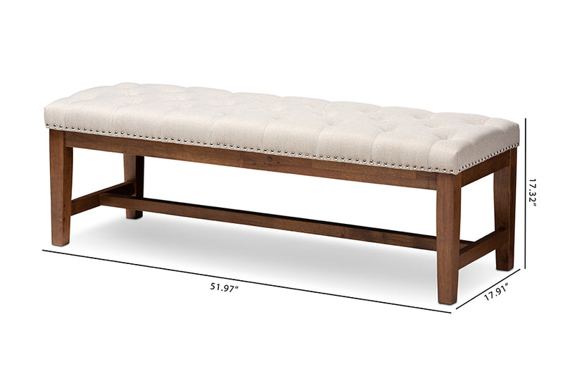 Livia Modern and Contemporary Light Beige Fabric Upholstered Walnut Finished Solid Rubberwood Bench