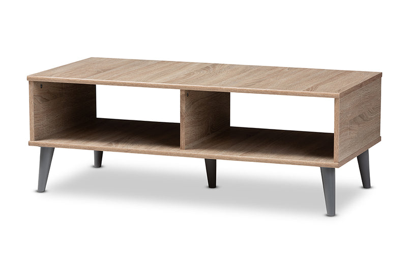 Zenon Mid-Century Modern Oak and Light Gray Finished Wood Coffee Table