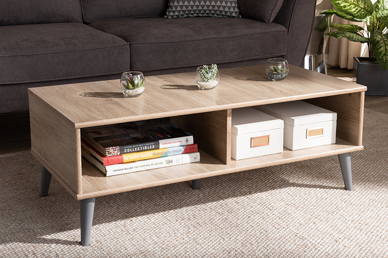 Zenon Mid-Century Modern Oak and Light Gray Finished Wood Coffee Table