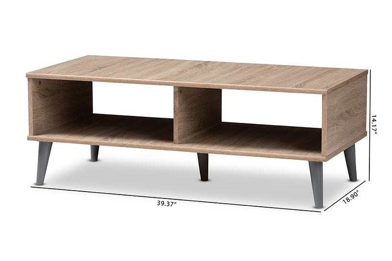 Zenon Mid-Century Modern Oak and Light Gray Finished Wood Coffee Table