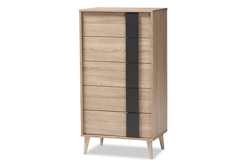 Palmira Mid-Century Modern Light Oak and Gray 5-Drawer Chest