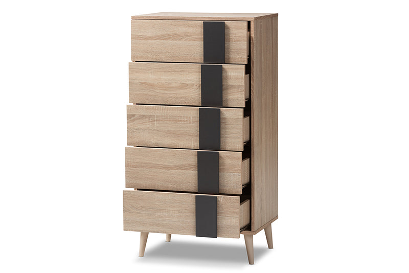 Palmira Mid-Century Modern Light Oak and Gray 5-Drawer Chest