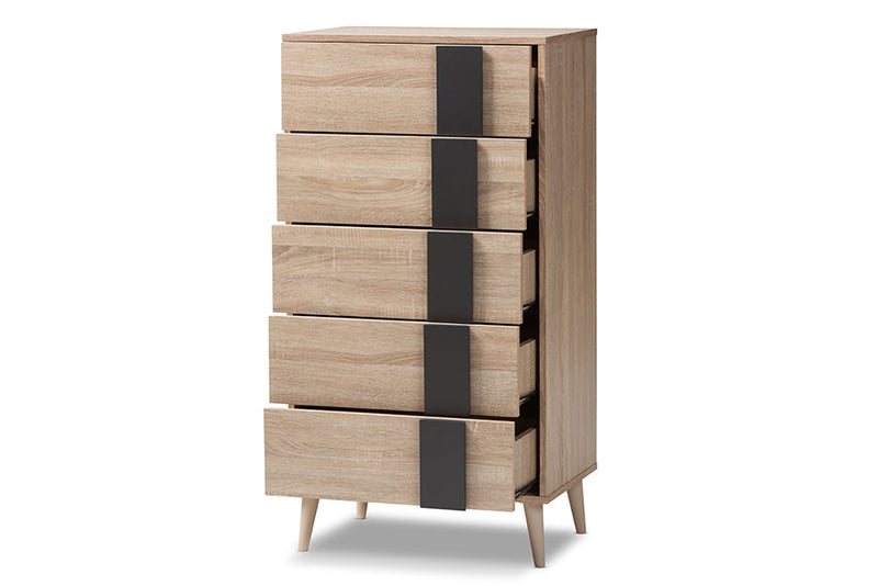 Palmira Light Oak and Gray 5-Drawer Chest Baxton