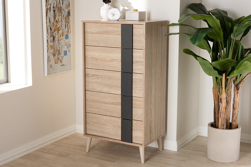 Palmira Light Oak and Gray 5-Drawer Chest Baxton