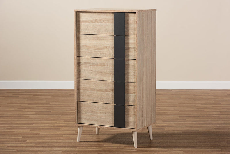 Palmira Light Oak and Gray 5-Drawer Chest Baxton