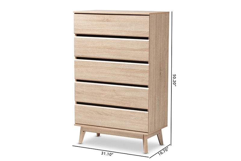 Yelena Mid-Century Modern Light Oak and Dark Gray 5-Drawer Chest