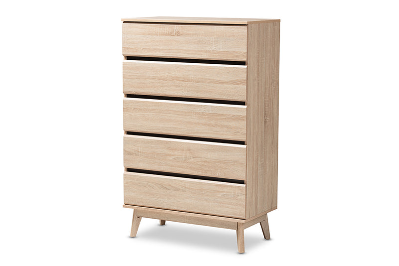 Yelena Mid-Century Modern Light Oak and Dark Gray 5-Drawer Chest