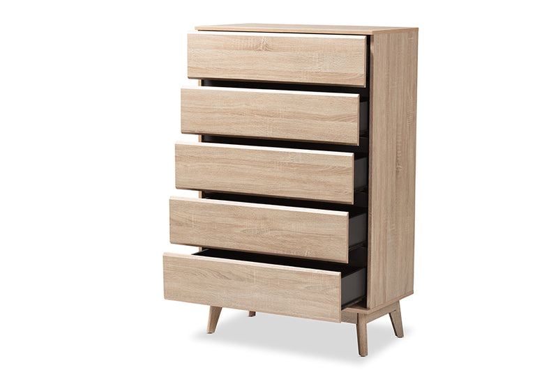 Yelena Mid-Century Modern Light Oak and Dark Gray 5-Drawer Chest