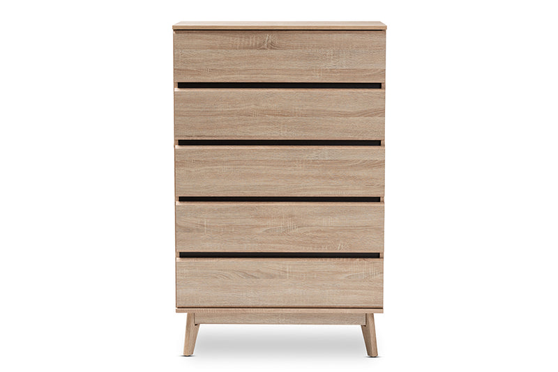 Yelena Mid-Century Modern Light Oak and Dark Gray 5-Drawer Chest