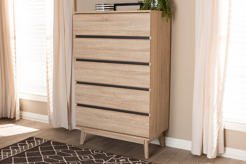 Yelena Mid-Century Modern Light Oak and Dark Gray 5-Drawer Chest