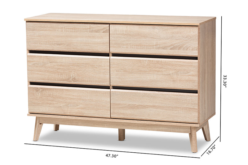 Yelena Mid-Century Modern Light Oak and Dark Gray 6-Drawer Dresser