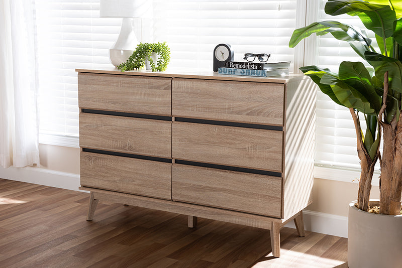 Yelena Mid-Century Modern Light Oak and Dark Gray 6-Drawer Dresser