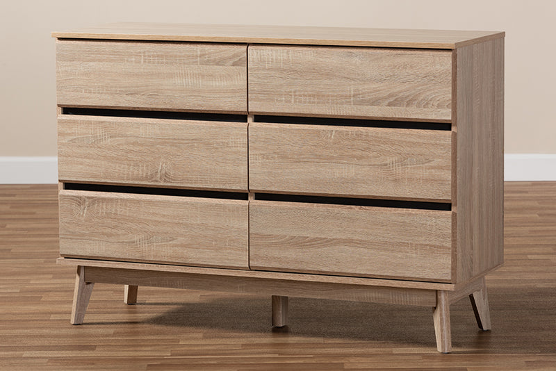 Yelena Mid-Century Modern Light Oak and Dark Gray 6-Drawer Dresser